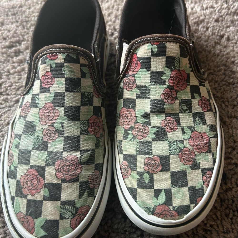 Vans Black and Green Checkered Rose Sneakers